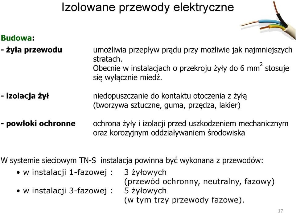 - izolacja żył niedopuszczanie do kontaktu otoczenia z żyłą (tworzywa sztuczne, guma, przędza, lakier) - powłoki ochronne ochrona żyły i izolacji przed