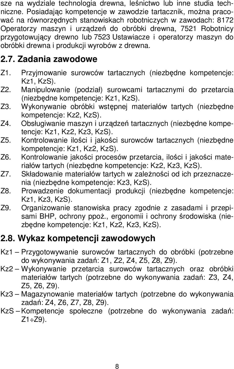 drewno lub 7523 Ustawiacze i operatorzy maszyn do obróbki drewna i produkcji wyrobów z drewna. 2.7. Zadania zawodowe Z1. Przyjmowanie surowców tartacznych (niezbędne kompetencje: Kz1, KzS). Z2.