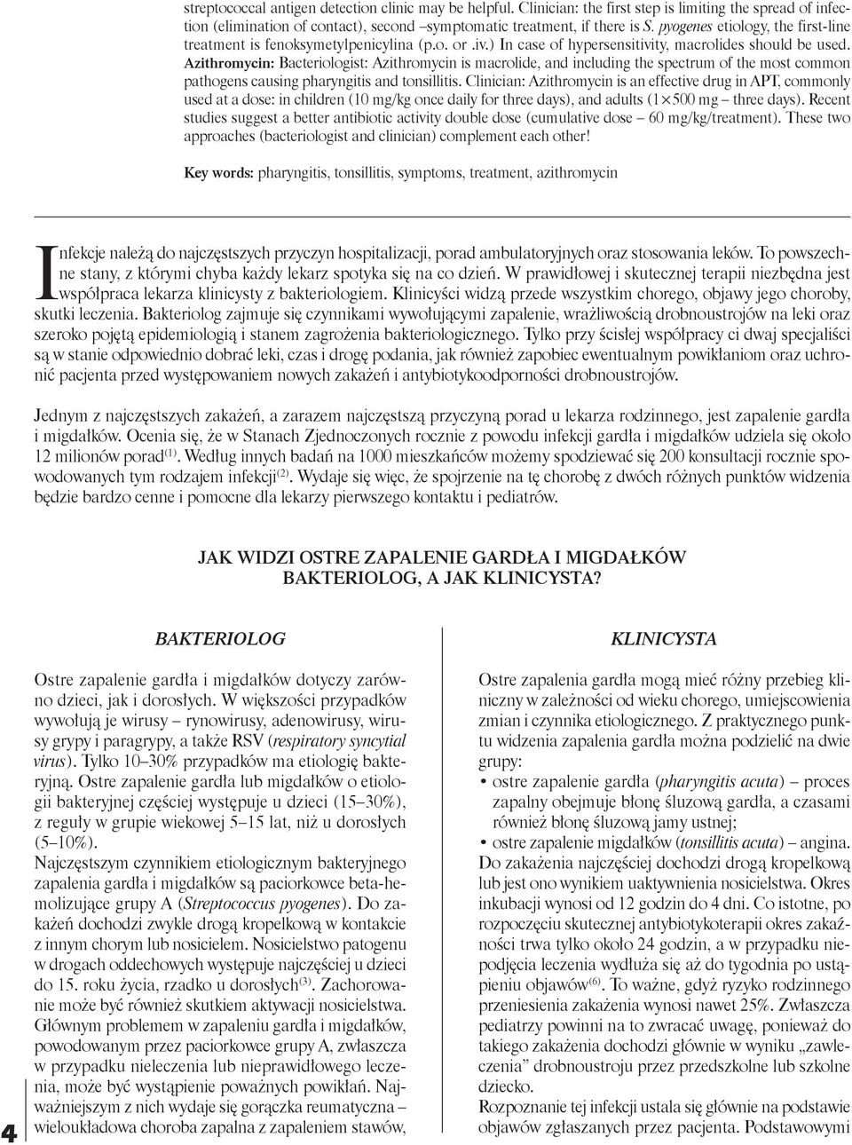 Azithromycin: Bacteriologist: Azithromycin is macrolide, and including the spectrum of the most common pathogens causing pharyngitis and tonsillitis.