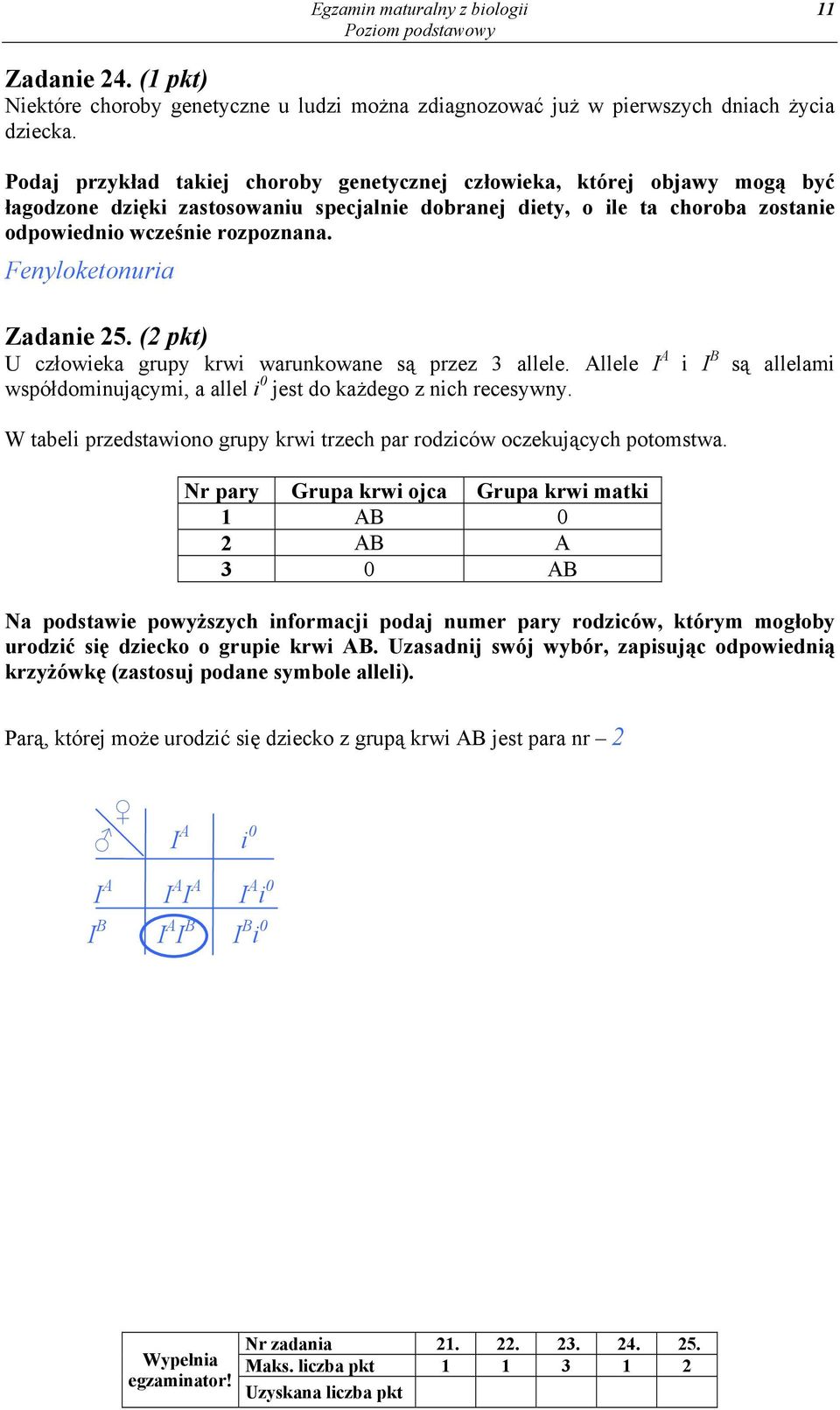 Fenyloketonuria Zadanie 25. (2 pkt) U człowieka grupy krwi warunkowane są przez 3 allele. Allele I A i I B są allelami współdominującymi, a allel i 0 jest do każdego z nich recesywny.