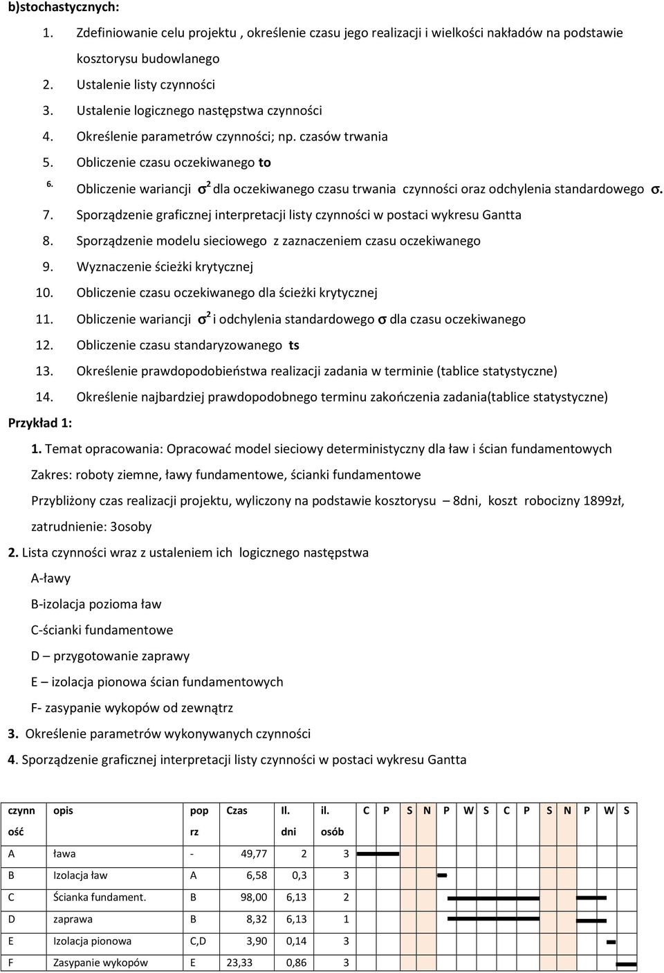 Obliczenie wariancji σ 2 dla oczekiwanego czasu trwania czynności oraz odchylenia standardowego σ. 7. Sporządzenie graficznej interpretacji listy czynności w postaci wykresu Gantta 8.