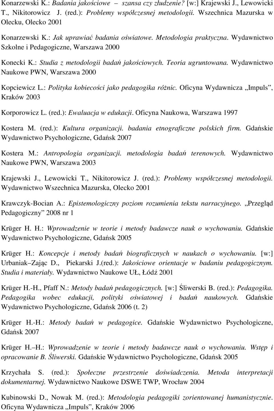 : Studia z metodologii badań jakościowych. Teoria ugruntowana. Wydawnictwo Naukowe PWN, Warszawa 2000 Kopciewicz L.: Polityka kobiecości jako pedagogika różnic.