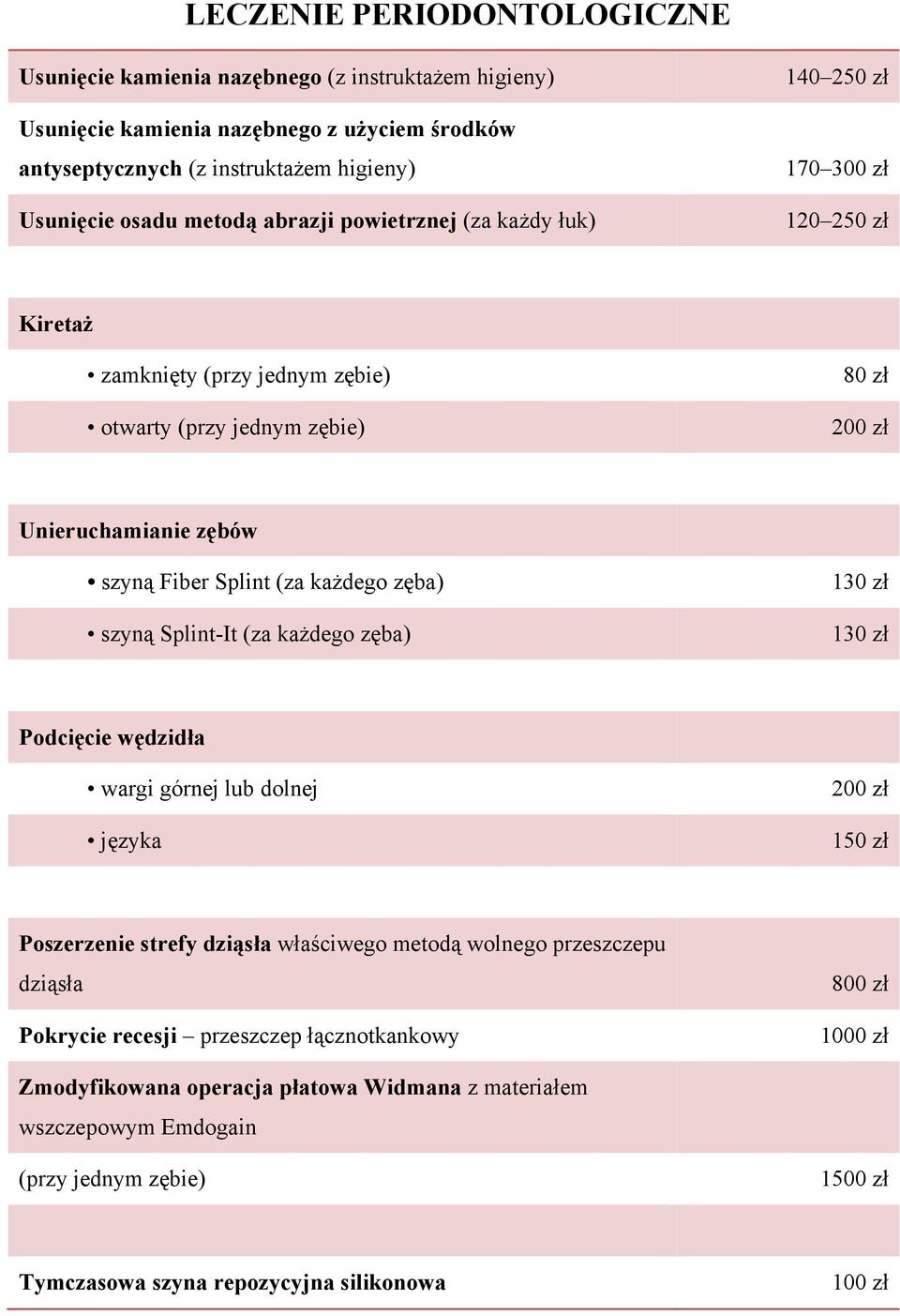 zęba) szyną Splint-It (za każdego zęba) 130 zł 130 zł Podcięcie wędzidła wargi górnej lub dolnej języka 1 Poszerzenie strefy dziąsła właściwego metodą wolnego przeszczepu dziąsła