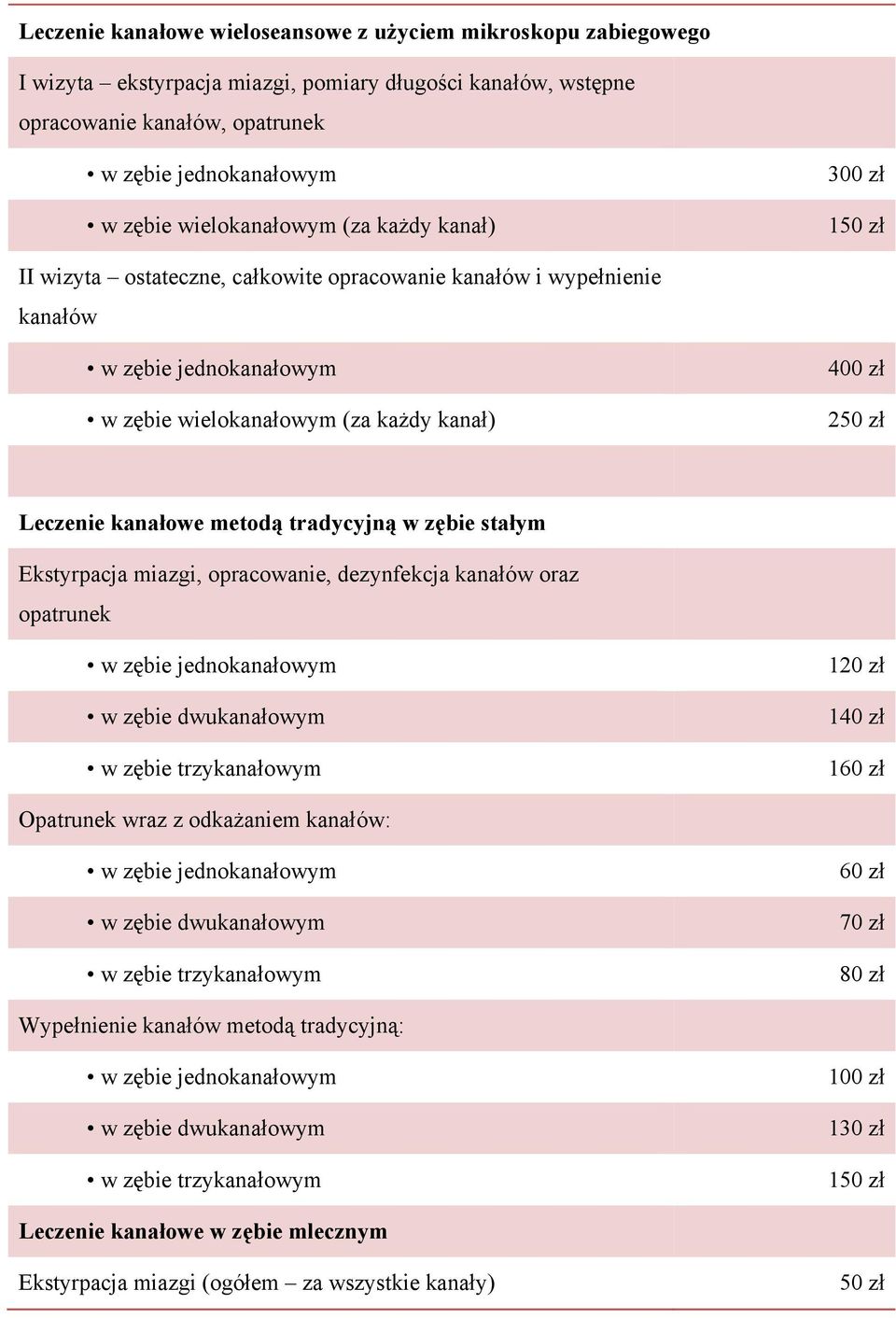 Ekstyrpacja miazgi, opracowanie, dezynfekcja kanałów oraz opatrunek w zębie dwukanałowym w zębie trzykanałowym 120 zł 140 zł 160 zł Opatrunek wraz z odkażaniem kanałów: w zębie dwukanałowym w