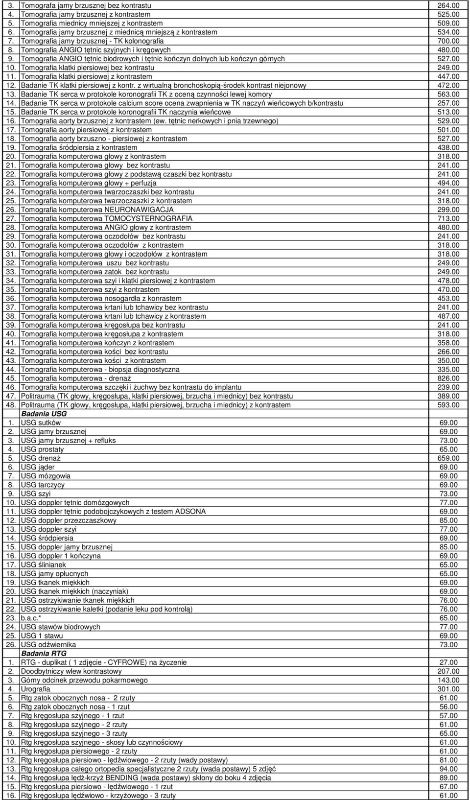 Tomografia ANGIO tętnic biodrowych i tętnic kończyn dolnych lub kończyn górnych 527.00 10. Tomografia klatki piersiowej bez kontrastu 249.00 11. Tomografia klatki piersiowej z kontrastem 447.00 12.