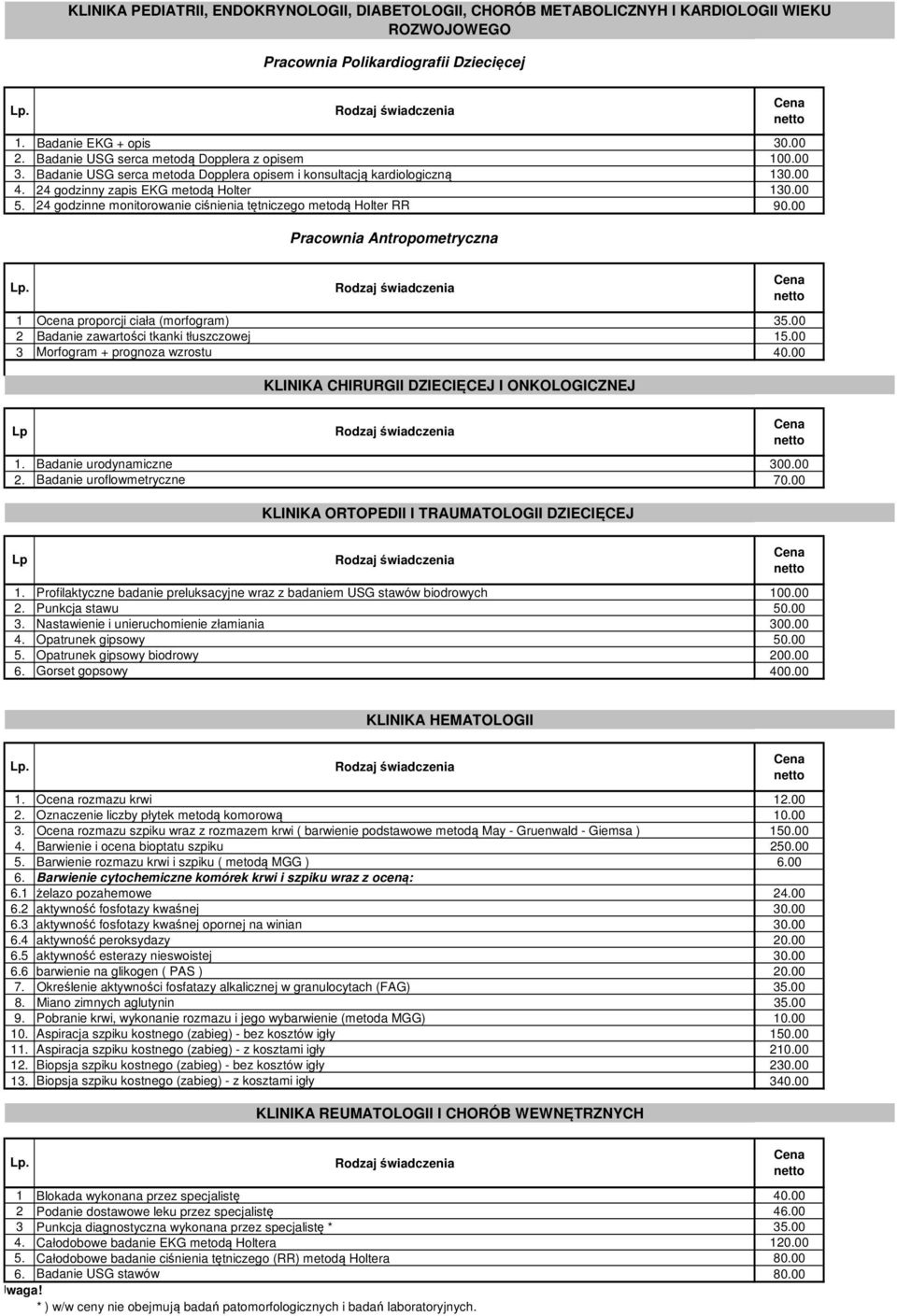 24 godzinne monitorowanie ciśnienia tętniczego metodą Holter RR 90.00 Pracownia Antropometryczna 1 Ocena proporcji ciała (morfogram) 35.00 2 Badanie zawartości tkanki tłuszczowej 15.