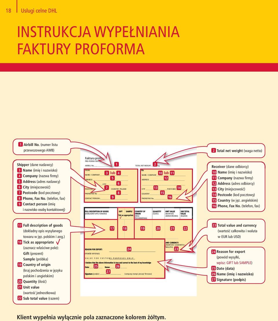 (telefon, fax) 9 Contact person (imię i nazwisko osoby kontaktowej) Faktura proforma orma PRO-FORMA INVOICE AIRBILL No. FROM: NAME / COMPANY ADDRESS CITY CITY POSTCODE COUNTRY: POLAND PHONE/FAX No.
