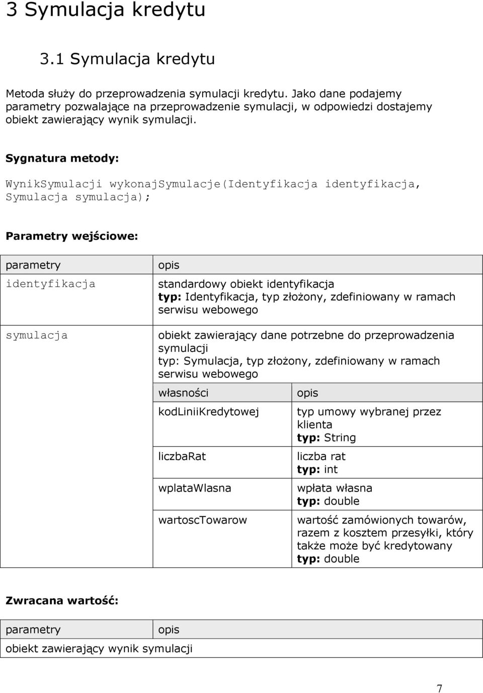 Sygnatura metody: WynikSymulacji wykonajsymulacje(identyfikacja identyfikacja, Symulacja symulacja); Parametry wejściowe: parametry identyfikacja symulacja standardowy obiekt identyfikacja