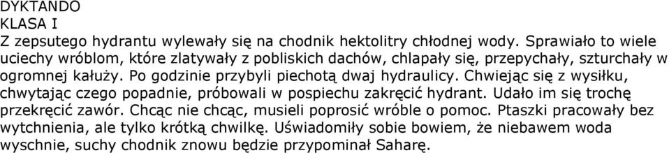 Po godzinie przybyli piechotą dwaj hydraulicy. Chwiejąc się z wysiłku, chwytając czego popadnie, próbowali w pospiechu zakręcić hydrant.