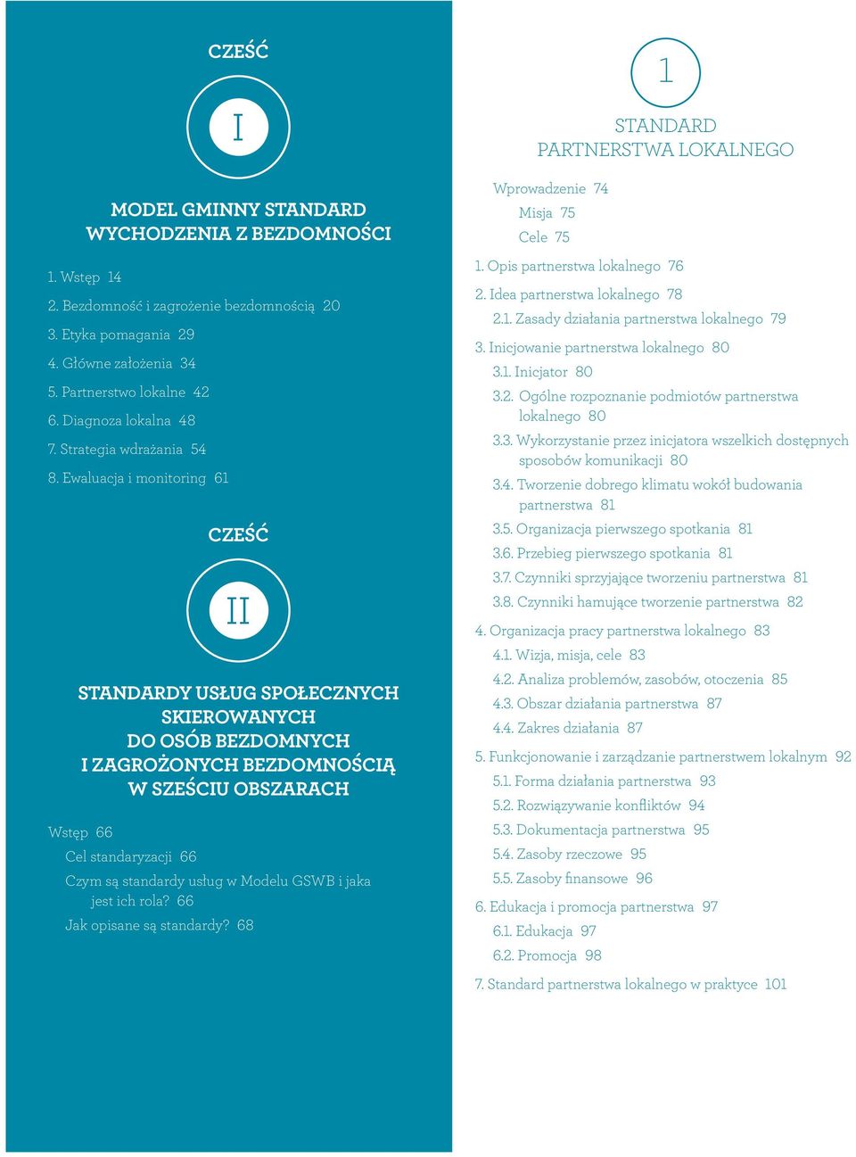 Ewaluacja i monitoring 61 Cześć II STANDARDY USŁUG SPOŁECZNYCH SKIEROWANYCH DO OSÓB BEZDOMNYCH I ZAGROŻONYCH BEZDOMNOŚCIĄ W SZEŚCIU OBSZARACH Wstęp 66 Cel standaryzacji 66 Czym są standardy usług w