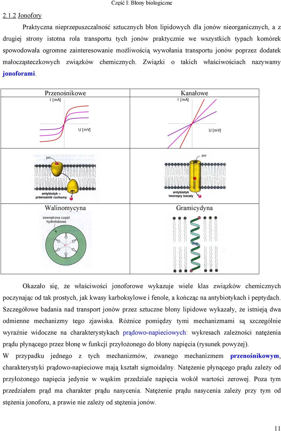 Przenośnikowe I [ma] Kanałowe I [ma] U [mv] U [mv] Walinomycyna Gramicydyna kazało się, że właściwości jonoforowe wykazuje wiele klas związków chemicznych poczynając od tak prostych, jak kwasy