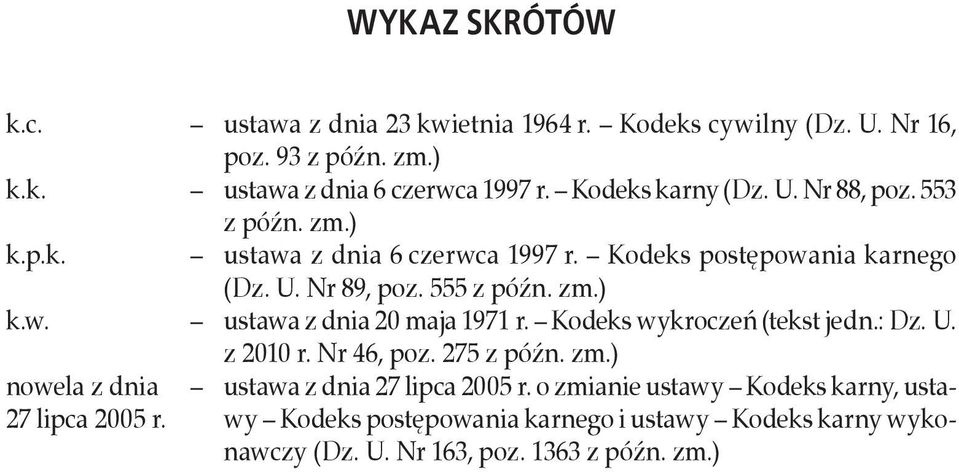 Kodeks wykroczeń (tekst jedn.: Dz. U. nowela z dnia 27 lipca 2005 r. z 2010 r. Nr 46, poz. 275 z późn. zm.) ustawa z dnia 27 lipca 2005 r.