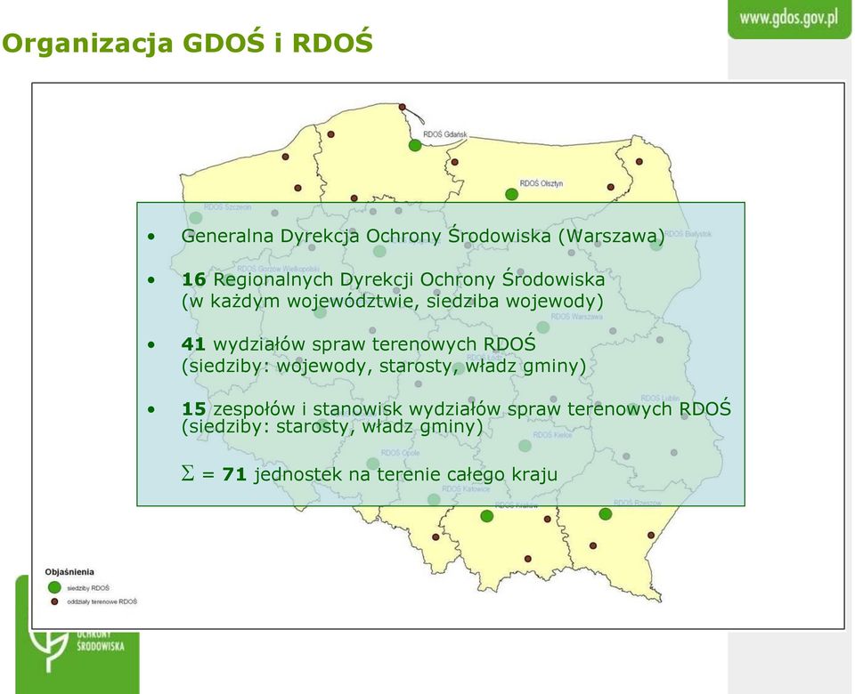 terenowych RDOŚ (siedziby: wojewody, starosty, władz gminy) 15 zespołów i stanowisk