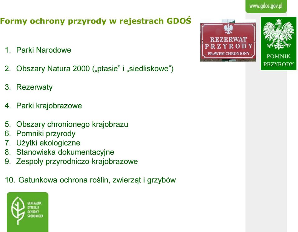 Obszary chronionego krajobrazu 6. Pomniki przyrody 7. Użytki ekologiczne 8.