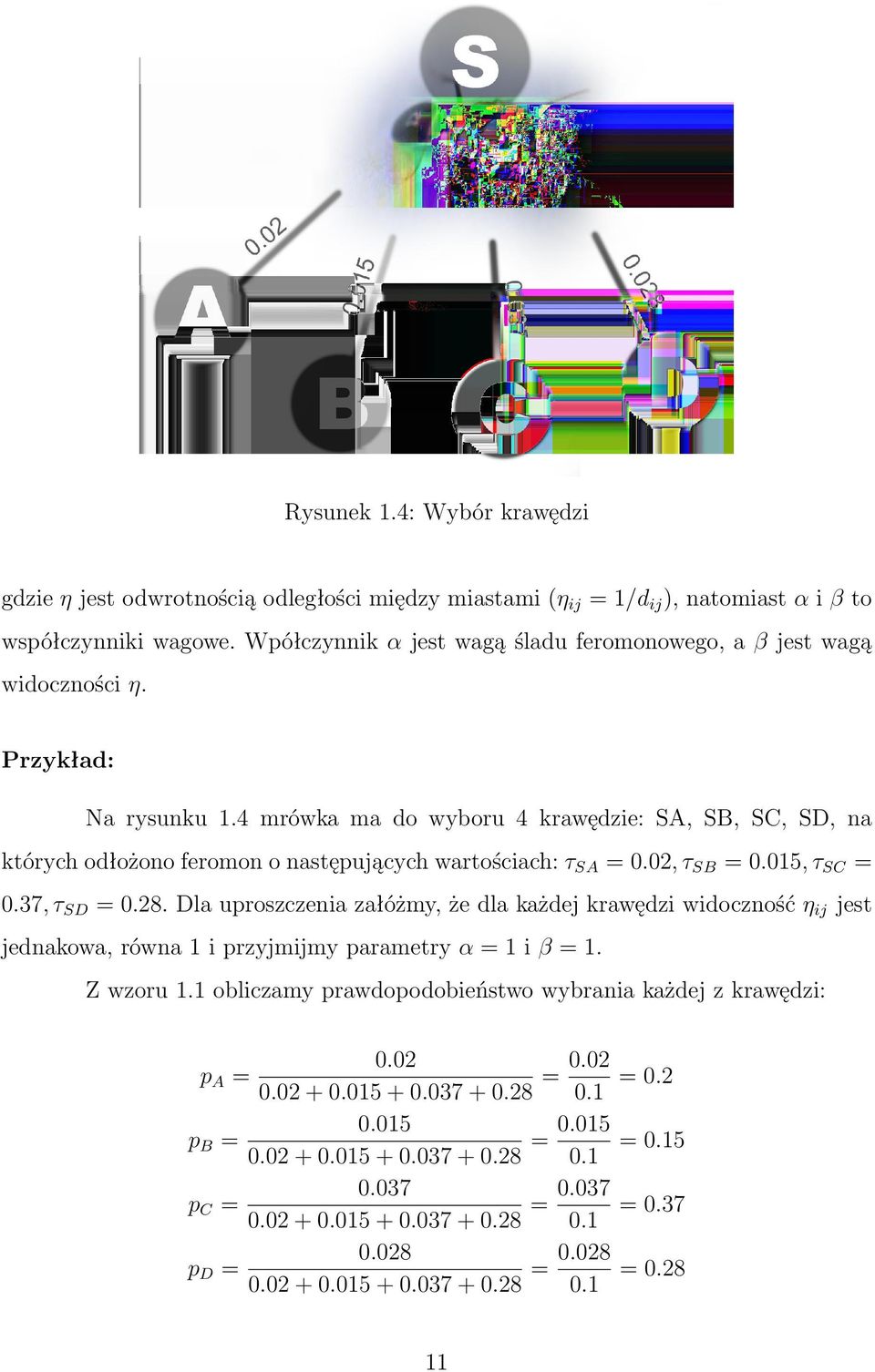 2) gdzie ρ jest współczynnikiem takim, że (1 ρ) oznacza pozostałość śladu feromonowego - wartość ρ musi być mniejsza od 1, aby uniknąć nieskończonej kumulacji śladu feromonowego.