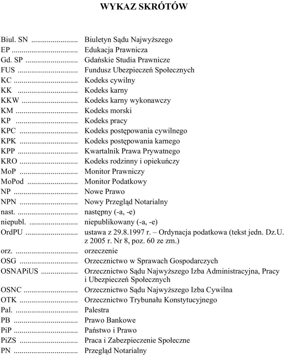 .. Biuletyn S¹du Najwy szego Edukacja Prawnicza Gdañskie Studia Prawnicze Fundusz Ubezpieczeñ Spo³ecznych Kodeks cywilny Kodeks karny Kodeks karny wykonawczy Kodeks morski Kodeks pracy Kodeks