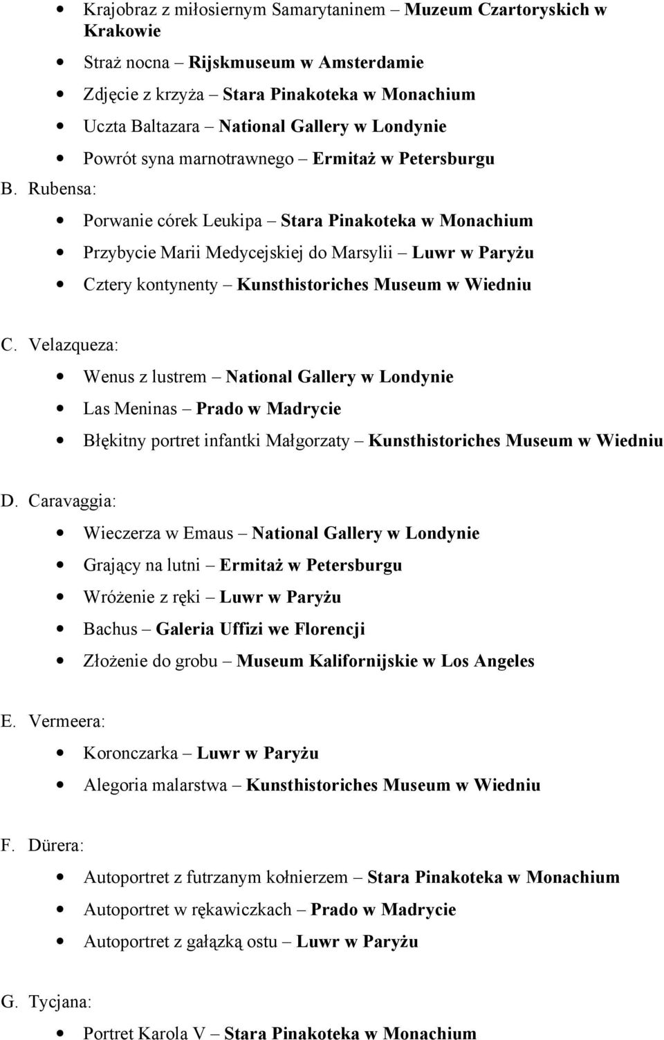 Kunsthistoriches Museum w Wiedniu C. Velazqueza: Wenus z lustrem National Gallery w Londynie Las Meninas Prado w Madrycie Błękitny portret infantki Małgorzaty Kunsthistoriches Museum w Wiedniu D.