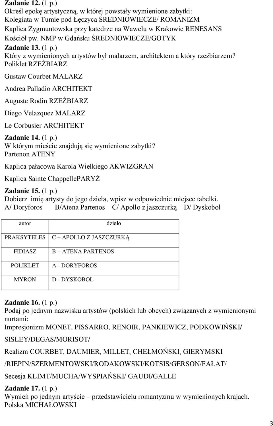 NMP w Gdańsku ŚREDNIOWIECZE/GOTYK Zadanie 13. (1 p.) Który z wymienionych artystów był malarzem, architektem a który rzeźbiarzem?