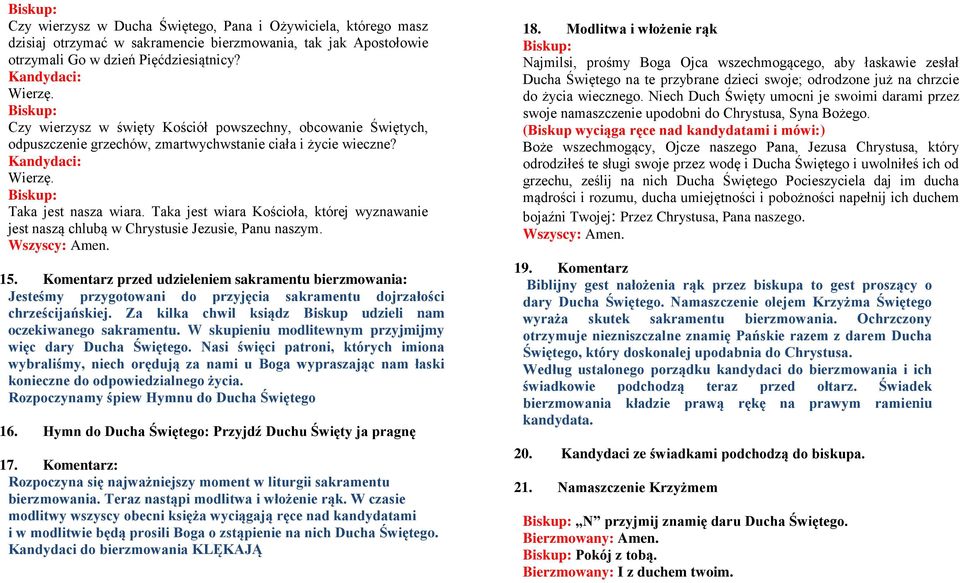 Taka jest wiara Kościoła, której wyznawanie jest naszą chlubą w Chrystusie Jezusie, Panu naszym. Wszyscy: Amen. 15.