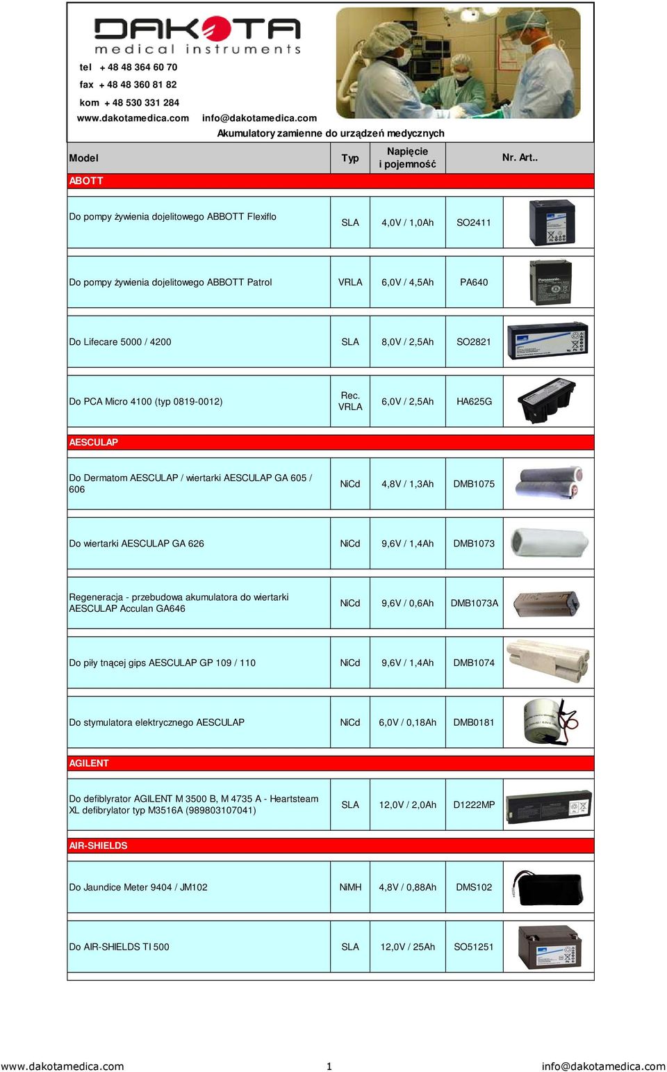 4100 (typ 0819-0012) 6,0V / 2,5Ah HA625G AESCULAP Do Dermatom AESCULAP / wiertarki AESCULAP GA 605 / 606 4,8V / 1,3Ah DMB1075 Do wiertarki AESCULAP GA 626 9,6V / 1,4Ah DMB1073 Regeneracja -
