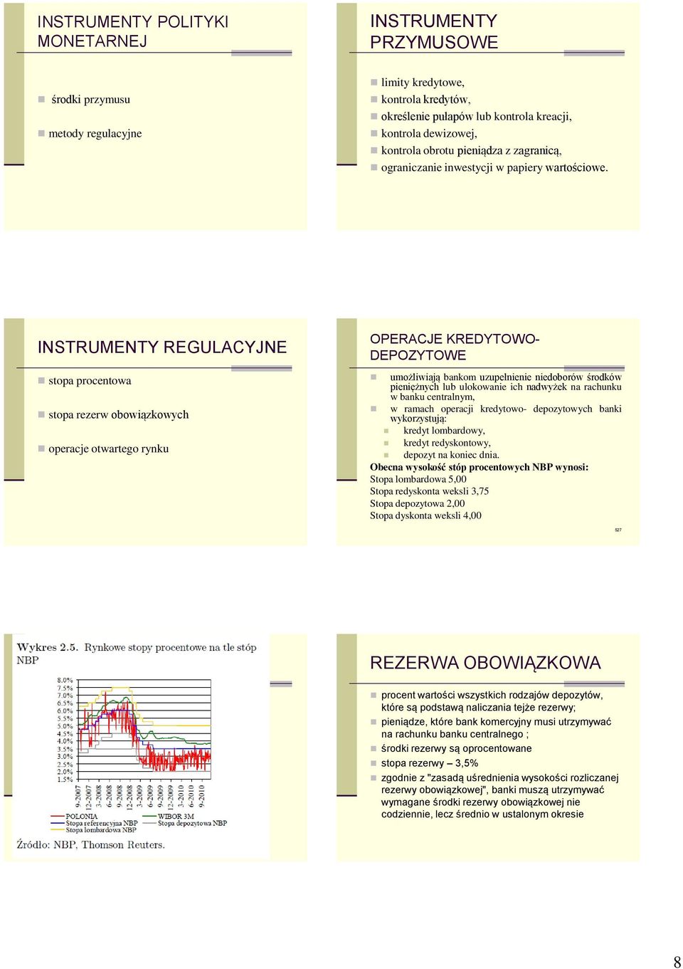 INSTRUMENTY REGULACYJNE stopa procentowa stopa rezerw obowiązkowych operacje otwartego rynku OPERACJE KREDYTOWO- DEPOZYTOWE umożliwiają bankom uzupełnienie niedoborów środków pieniężnych lub