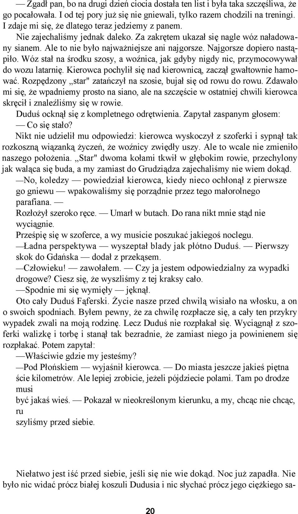 Najgorsze dopiero nastąpiło. Wóz stał na środku szosy, a woźnica, jak gdyby nigdy nic, przymocowywał do wozu latarnię. Kierowca pochylił się nad kierownicą, zaczął gwałtownie hamować.