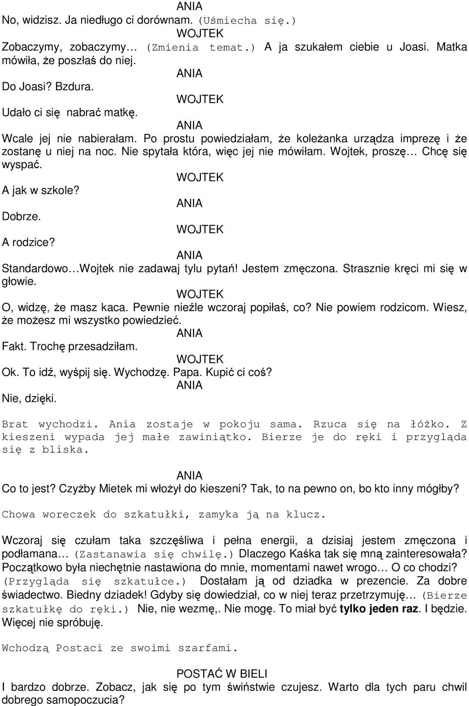 Dobrze. A rodzice? Standardowo Wojtek nie zadawaj tylu pytań! Jestem zmęczona. Strasznie kręci mi się w głowie. O, widzę, że masz kaca. Pewnie nieźle wczoraj popiłaś, co? Nie powiem rodzicom.