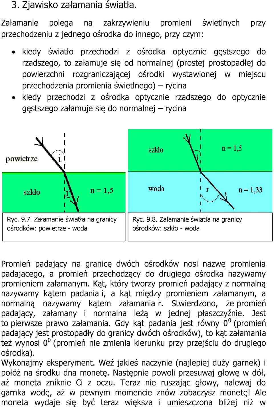 normalnej (prostej prostopadłej do powierzchni rozgraniczającej ośrodki wystawionej w miejscu przechodzenia promienia świetlnego) rycina kiedy przechodzi z ośrodka optycznie rzadszego do optycznie