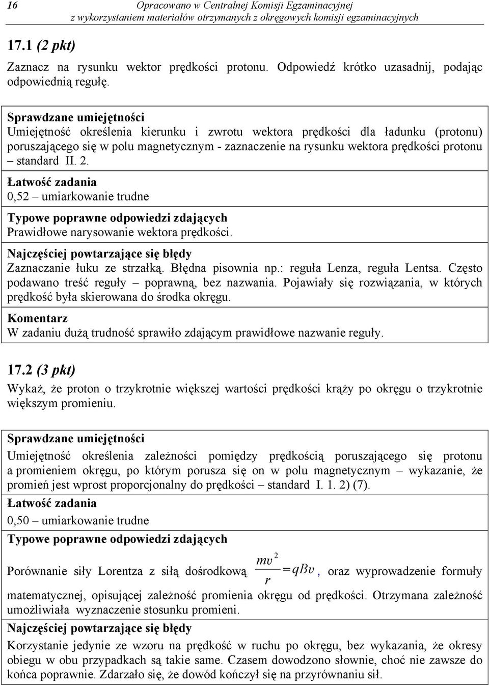 0,52 umiarkowanie trudne Prawidłowe narysowanie wektora prędkości. Zaznaczanie łuku ze strzałką. Błędna pisownia np.: reguła Lenza, reguła Lentsa. Często podawano treść reguły poprawną, bez nazwania.