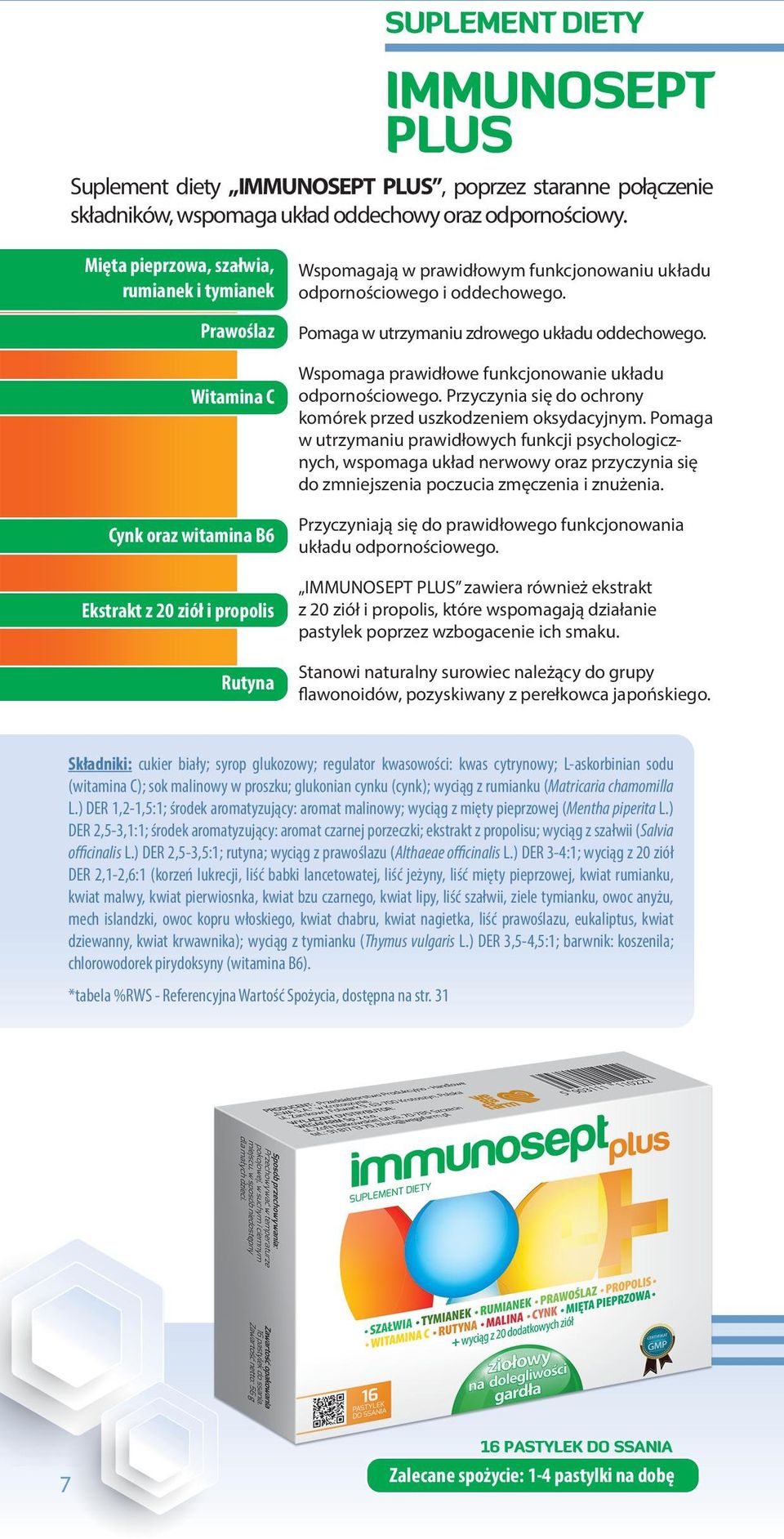 Cynk oraz witamina B6 Ekstrakt z 20 ziół i propolis Rutyna Wspomaga prawidłowe funkcjonowanie układu odpornościowego. Przyczynia się do ochrony komórek przed uszkodzeniem oksydacyjnym.