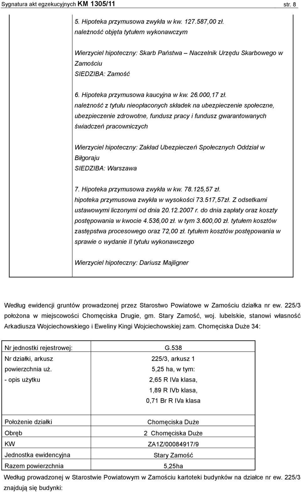 należność z tytułu nieopłaconych składek na ubezpieczenie społeczne, ubezpieczenie zdrowotne, fundusz pracy i fundusz gwarantowanych świadczeń pracowniczych Wierzyciel hipoteczny: Zakład Ubezpieczeń