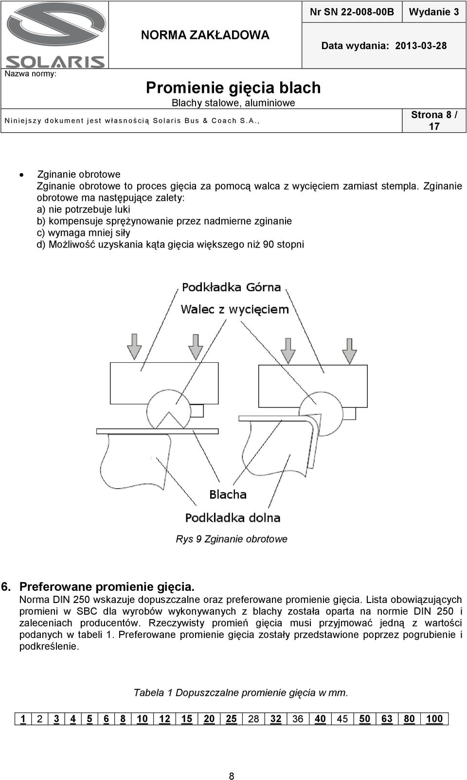 9 Zginanie obrotowe 6. Preferowane promienie gięcia. Norma DIN 25 wskazuje dopuszczalne oraz preferowane promienie gięcia.