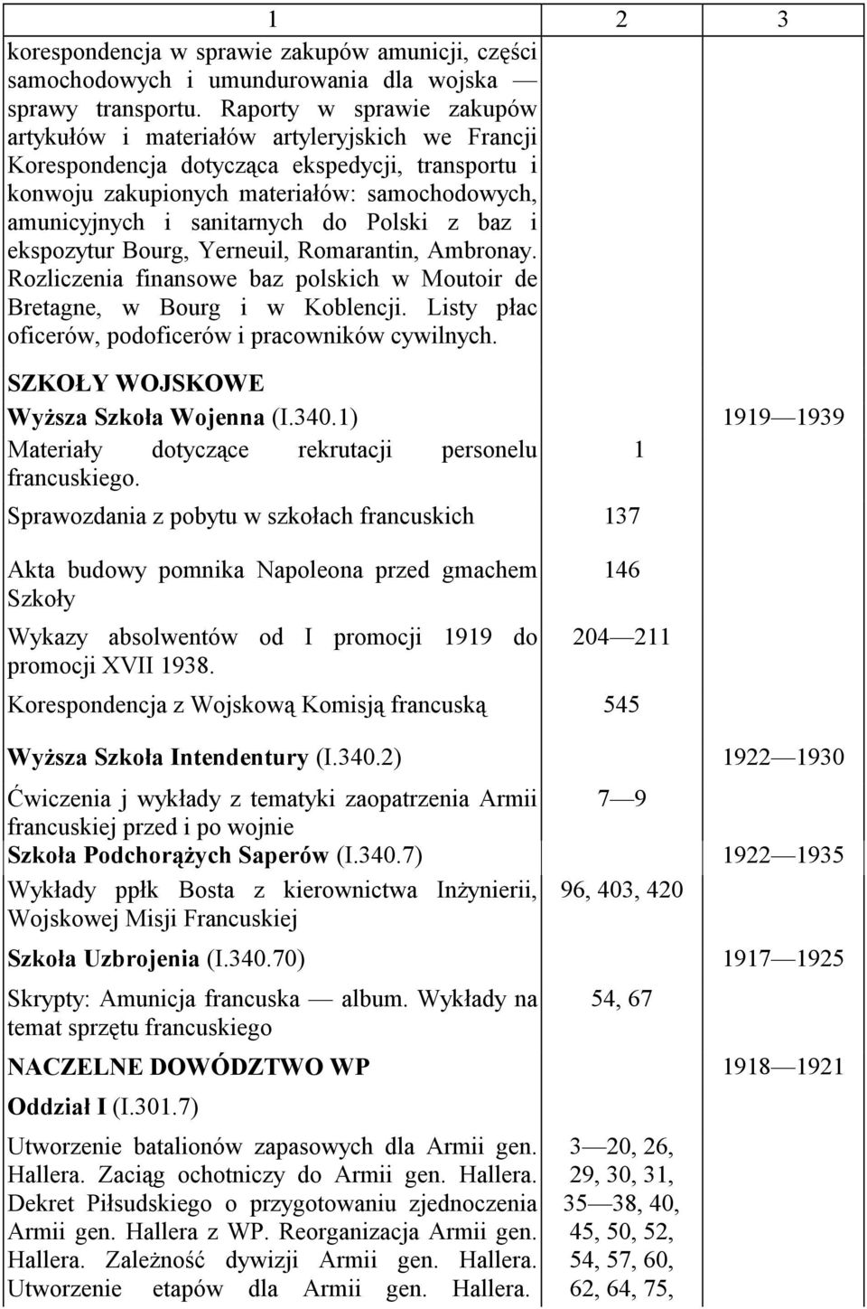 do Polski z baz i ekspozytur Bourg, Yerneuil, Romarantin, Ambronay. Rozliczenia finansowe baz polskich w Moutoir de Bretagne, w Bourg i w Koblencji.