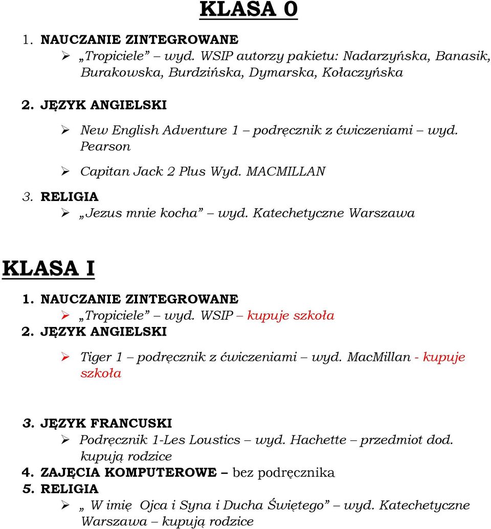 Katechetyczne Warszawa KLASA I 1. NAUCZANIE ZINTEGROWANE Tropiciele wyd. WSIP kupuje szkoła 2. JĘZYK ANGIELSKI Tiger 1 podręcznik z ćwiczeniami wyd.
