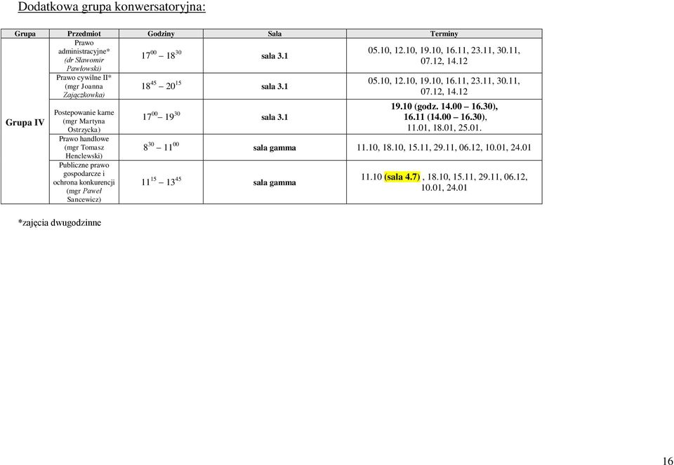 (mgr Paweł Sancewicz) *zajęcia dwugodzinne 18 45 20 15 sala 3.1 17 00 19 30 sala 3.1 05.10, 12.10, 19.10, 16.11, 23.11, 30.11, 07.12, 14.12 05.10, 12.10, 19.10, 16.11, 23.11, 30.11, 07.12, 14.12 19.