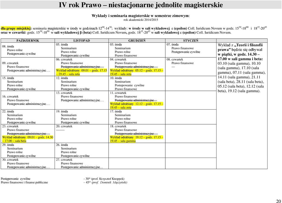 18 15-20 45 w sali wykładowej ε (epsilon) Coll. Iuridicum. PAŹDZIERNIK LISTOPAD GRUDZIEŃ STYCZEŃ 05. środa 03. środa 07. środa 08. środa 09. czwartek Postępowanie administracyjne. 15. środa 16.