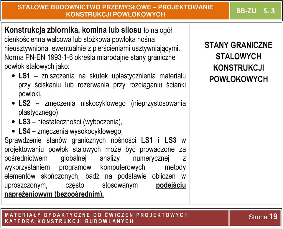 zmęczenia niskocyklowego (nieprzystosowania plastycznego) LS3 niestateczności (wyboczenia), LS4 zmęczenia wysokocyklowego; Sprawdzenie stanów granicznych nośności LS1 i LS3 w projektowaniu powłok