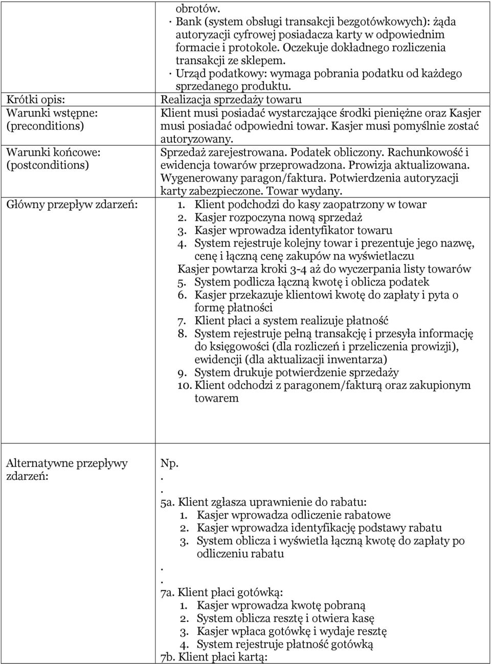 Klient musi posiadać wystarczające środki pieniężne oraz Kasjer musi posiadać odpowiedni towar Kasjer musi pomyślnie zostać autoryzowany Sprzedaż zarejestrowana Podatek obliczony Rachunkowość i
