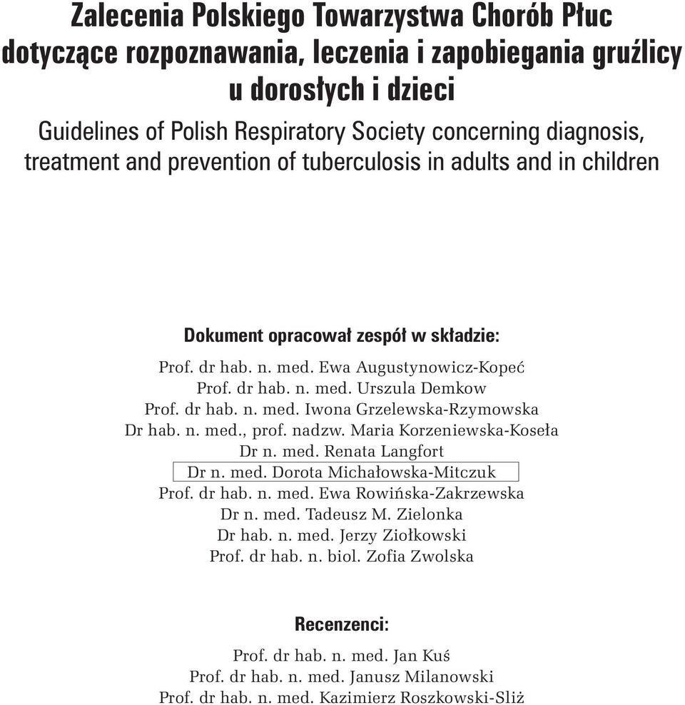 n. med., prof. nadzw. Maria Korzeniewska-Koseła Dr n. med. Renata Langfort Dr n. med. Dorota Michałowska-Mitczuk Prof. dr hab. n. med. Ewa Rowińska-Zakrzewska Dr n. med. Tadeusz M. Zielonka Dr hab. n. med. Jerzy Ziołkowski Prof.
