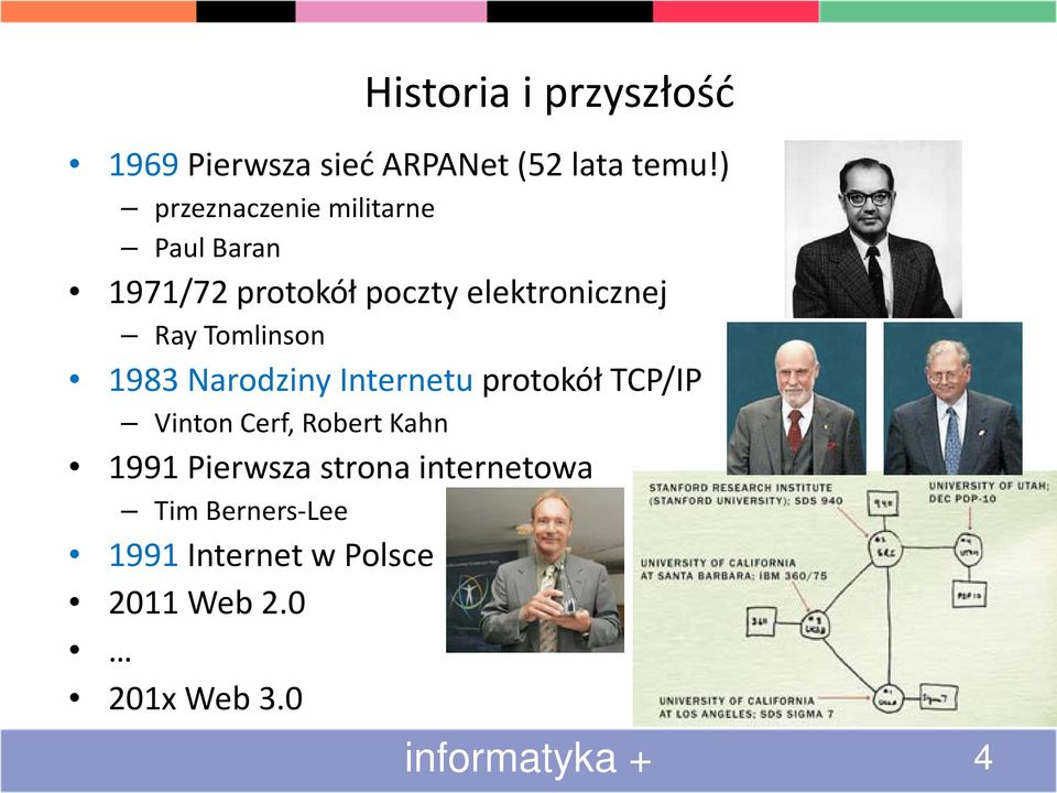 Tomlinson 1983 Narodziny Internetu protokół TCP/IP Vinton Cerf, Robert Kahn 1991
