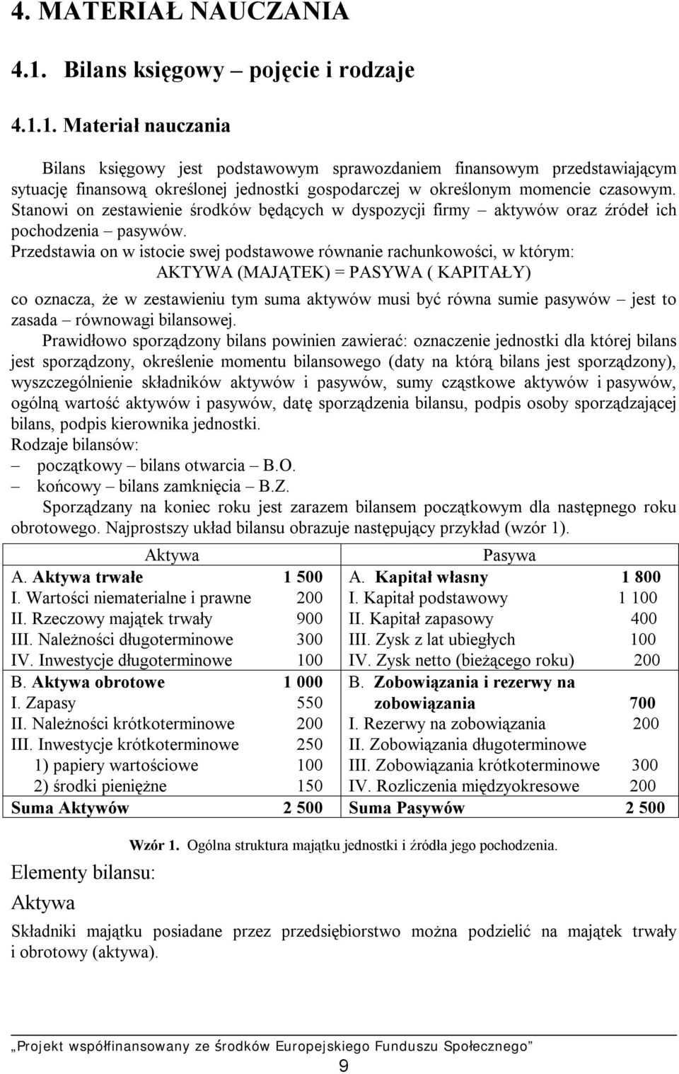 1. Materiał nauczania Bilans księgowy jest podstawowym sprawozdaniem finansowym przedstawiającym sytuację finansową określonej jednostki gospodarczej w określonym momencie czasowym.