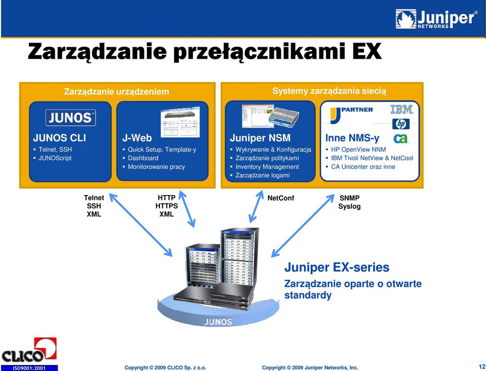 Management Zarządzanie logami HP OpenView NNM IBM Tivoli NetView & NetCool CA Unicenter oraz inne Telnet SSH XML HTTP HTTPS XML