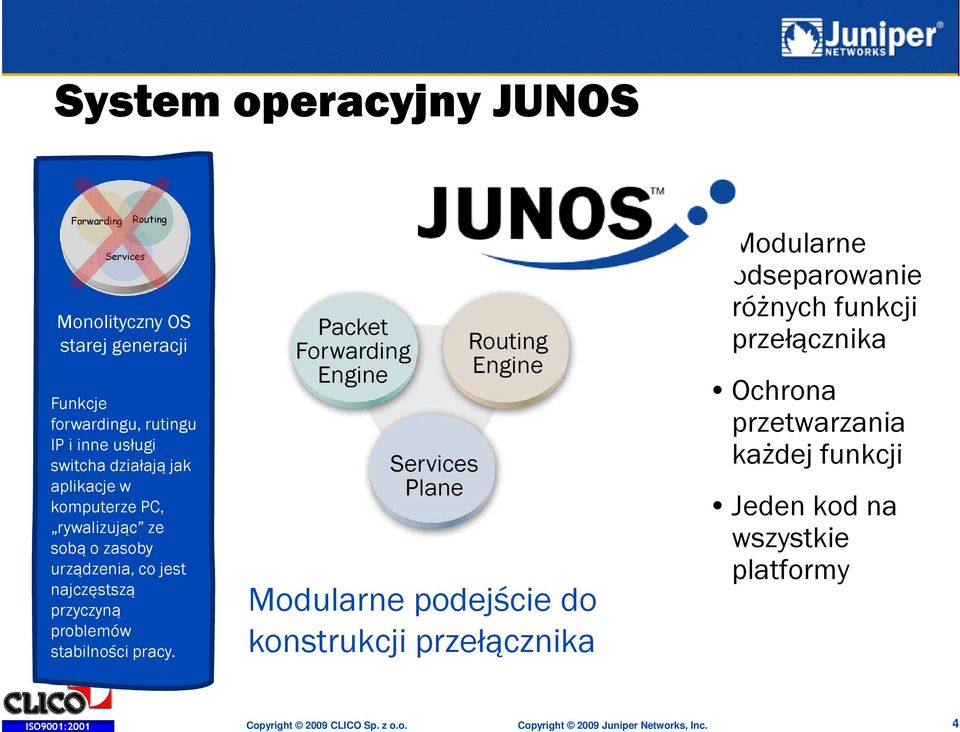 Packet Forwarding Engine Services Plane Routing Engine Modularne podejście do konstrukcji przełącznika Modularne odseparowanie różnych funkcji