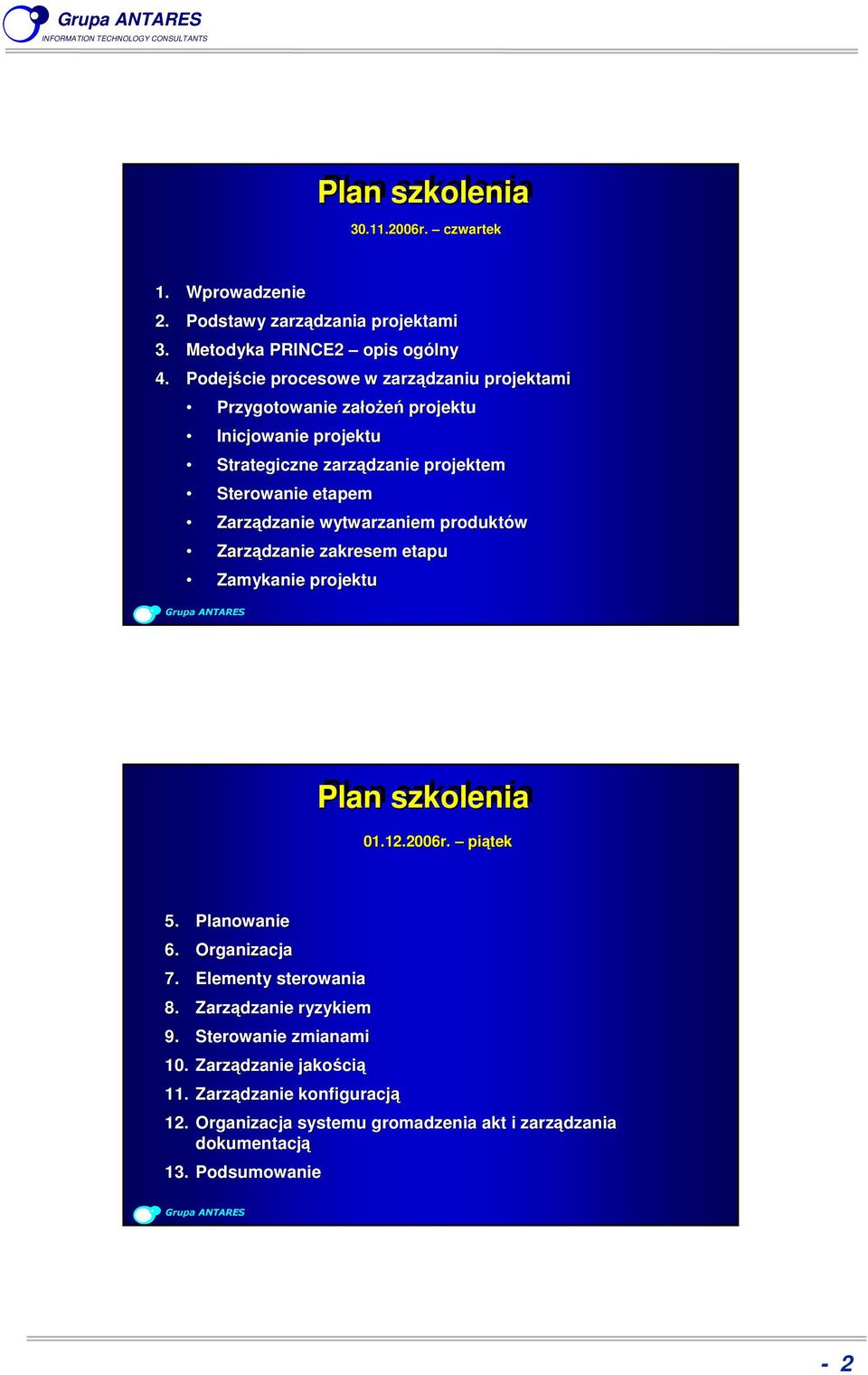 Zarządzanie wytwarzaniem produktów Zarządzanie zakresem etapu Zamykanie projektu Plan szkolenia 01.12.2006r. piątek 5. Planowanie 6. Organizacja 7.