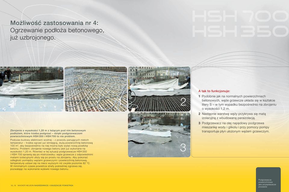Podczas budowy elektrowni wodnej z powodu panujących niskich temperatur trzeba ogrzać już istniejącą, dużą powierzchnię betonową 100 m 2, aby bezpośrednio na niej można było wylać nową powłokę betonu.