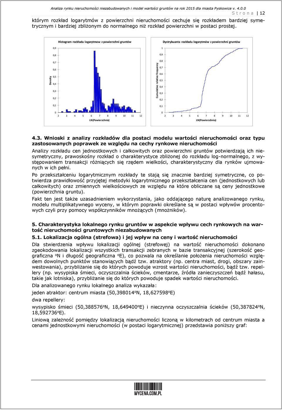 Histogram rozkładu logarytmow z powierzchni gruntów Dystrybuanta rozkładu logarytmów z powierzchni gruntów,9,8,7,9,8,6,5,4,3,2, 2 3 4 5 6 7 8 9 2 LN(Powierzchnia),7,6,5,4,3,2, 2 3 4 5 6 7 8 9 2