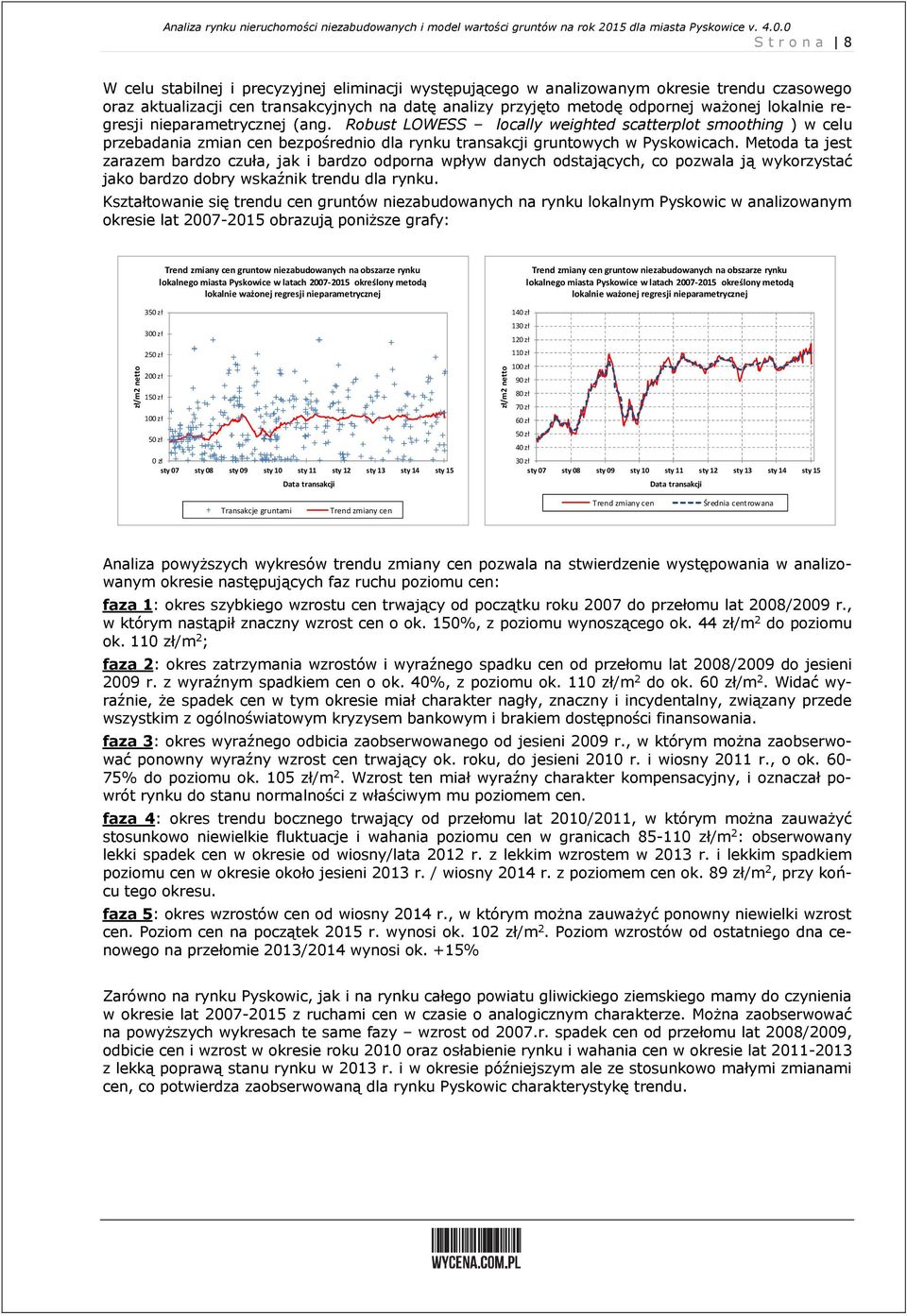 lokalnie regresji nieparametrycznej (ang. Robust LOWESS locally weighted scatterplot smoothing ) w celu przebadania zmian cen bezpośrednio dla rynku transakcji gruntowych w Pyskowicach.
