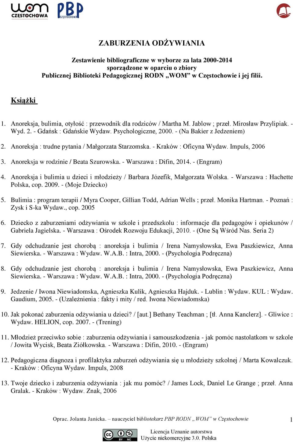 Anoreksja : trudne pytania / Małgorzata Starzomska. - Kraków : Oficyna Wydaw. Impuls, 2006 3. Anoreksja w rodzinie / Beata Szurowska. - Warszawa : Difin, 2014. - (Engram) 4.