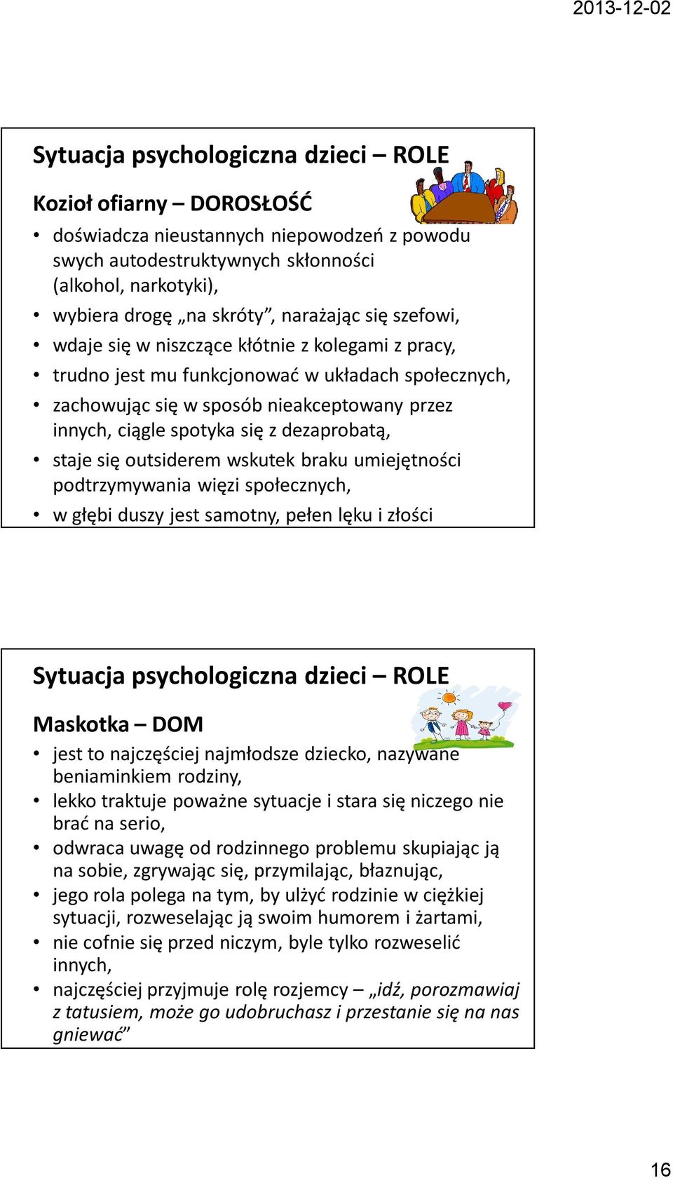 dezaprobatą, staje się outsiderem wskutek braku umiejętności podtrzymywania więzi społecznych, w głębi duszy jest samotny, pełen lęku i złości Sytuacja psychologiczna dzieci ROLE Maskotka DOM jest to