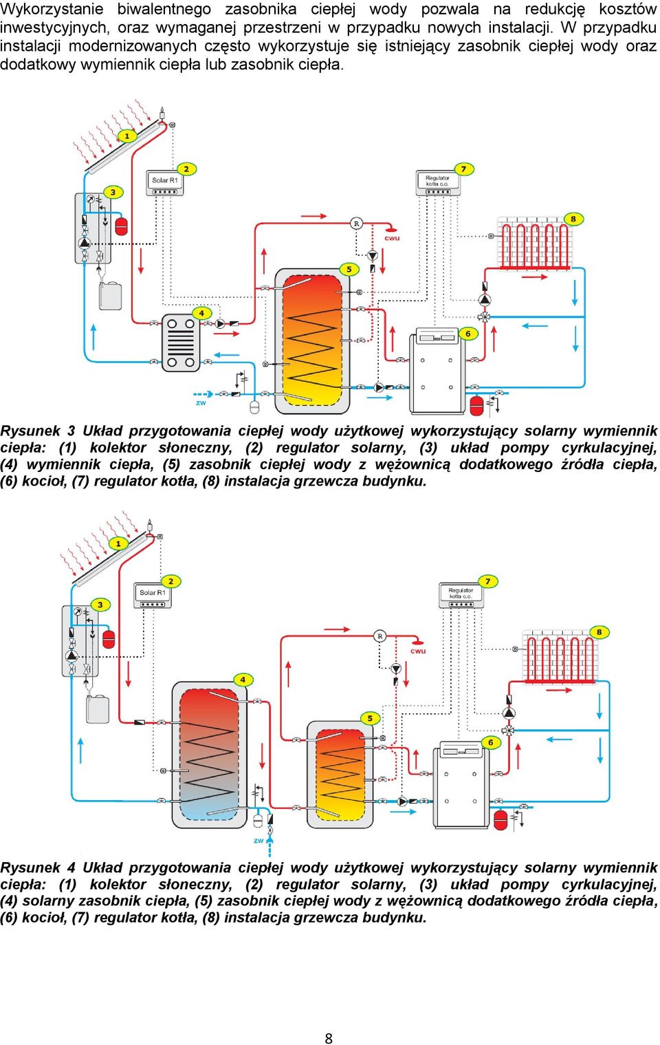 Rysunek 3 Układ przygotowania ciepłej wody użytkowej wykorzystujący solarny wymiennik ciepła: (1) kolektor słoneczny, (2) regulator solarny, (3) układ pompy cyrkulacyjnej, (4) wymiennik ciepła, (5)
